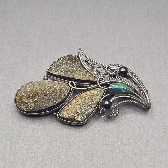 VTG Goldstone Leaf Brooch Pendant 2.25" Silver Tone Green Glass Hematite Accents - Picture 11 of 11